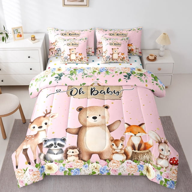 Erosebridal Ensemble de Literie Mignon Ours pour Lit Grand, Ensemble de Lit Rose Rose, Décor d'Animaux de la Forêt Dessin Animé, Réversible