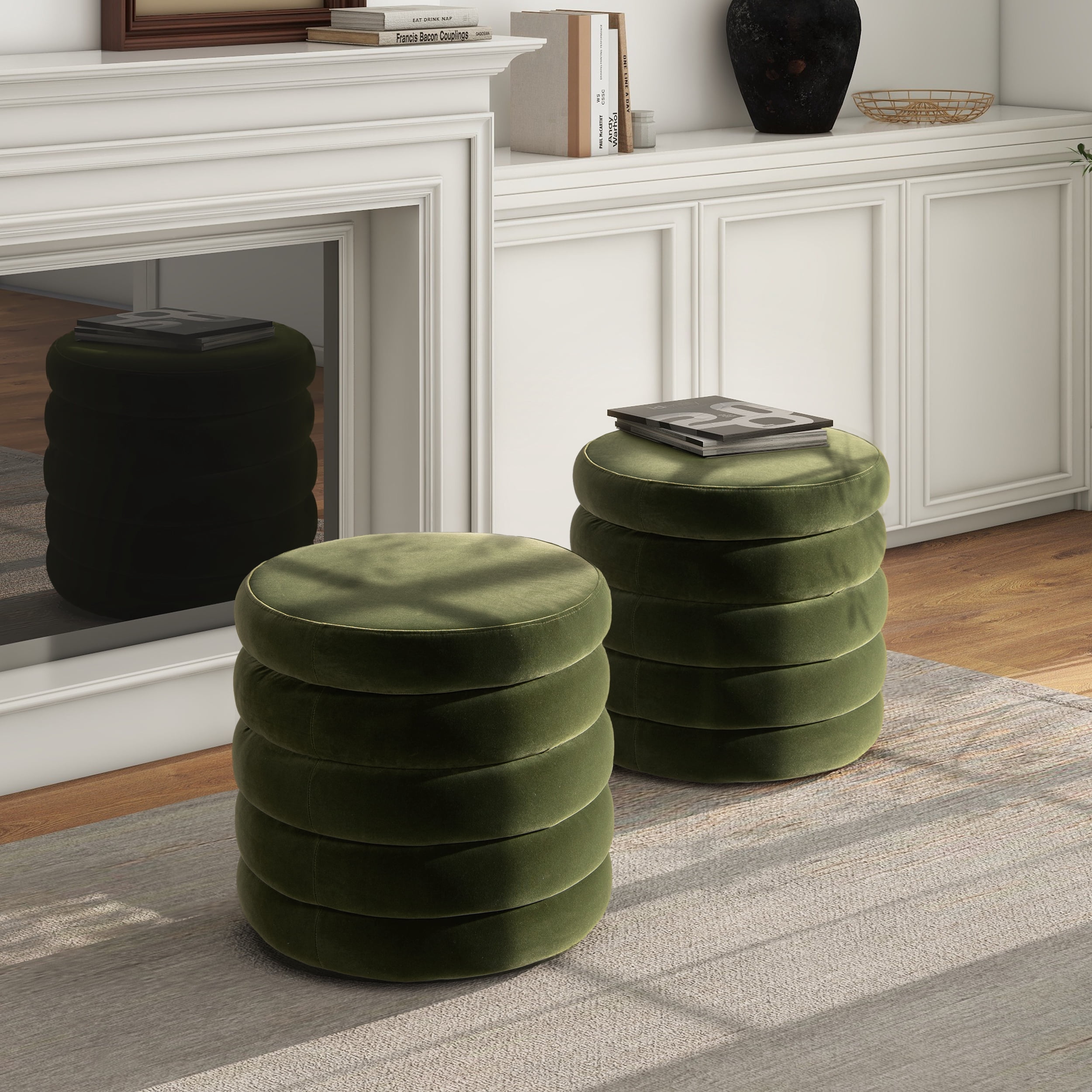 Jennifer Taylor Home Fuji 19" Oversized Round Storage Ottoman, Olive Green Performance Velvet