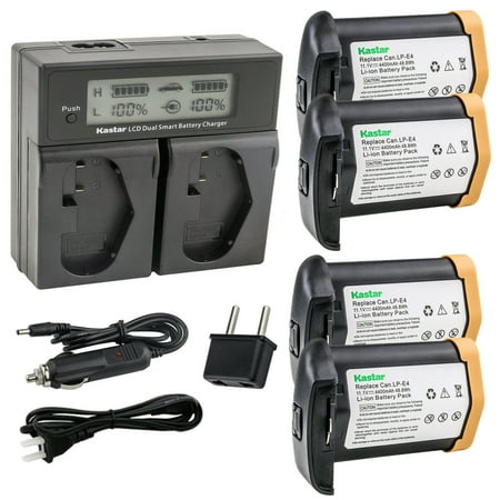 Kastar 4-Pack LPE4 Battery 11.1V 4400mAh and AC LCD Dual Fast Charger Compatible with Canon LP-E4 LPE4 US 5751B002 Battery Canon LC-E4 LC-E4N Charger Canon EOS 1D Mark IV Mark 4 Camera