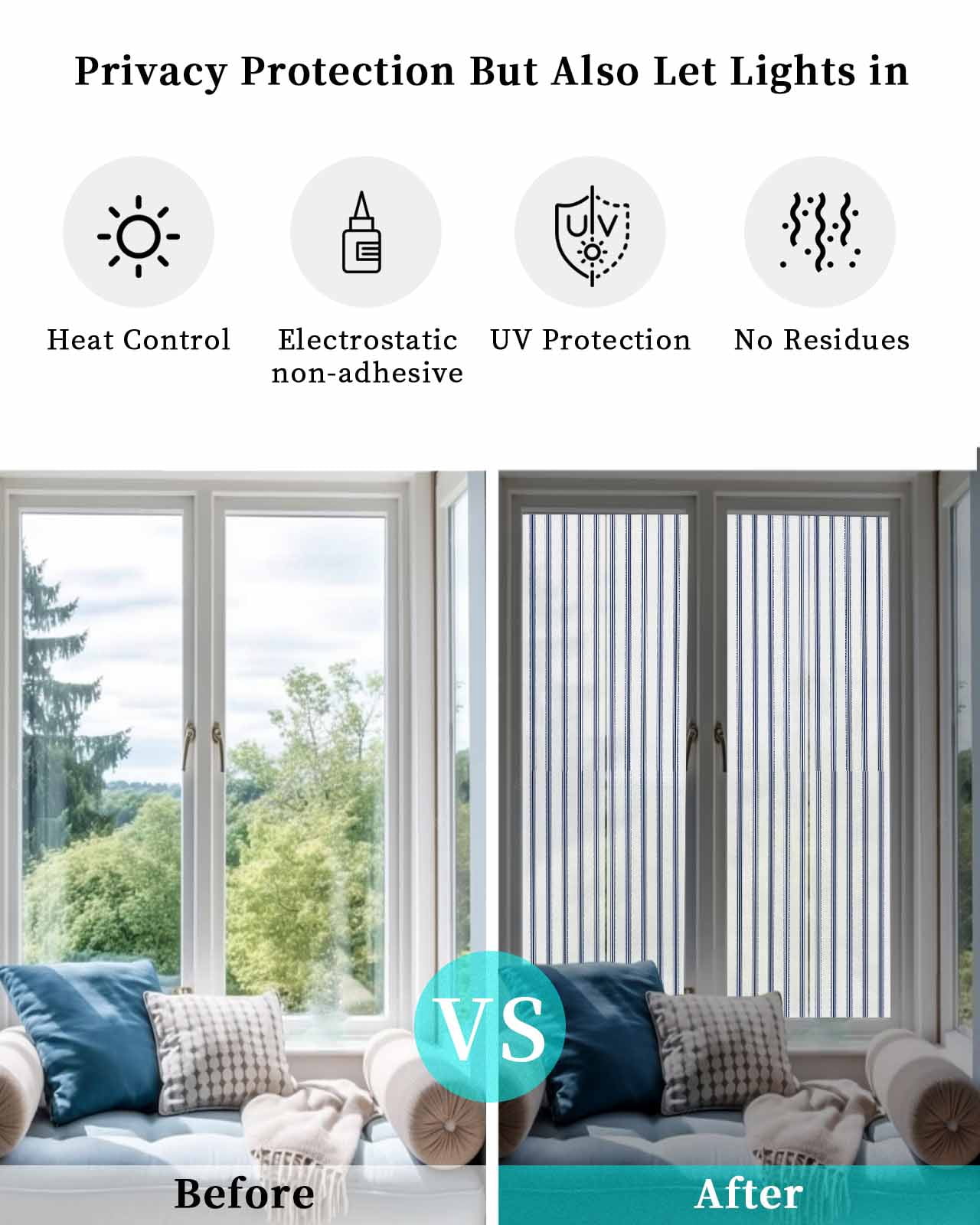 Window Privacy Film,Blue Stripes UV Sun Blocking Window Tint Film Heat Control One Way Blackout Window Film,Geometric Vertical Linens Modern Minimalism Non Adhesive Static Cling Sticker 23.6x78.7 In