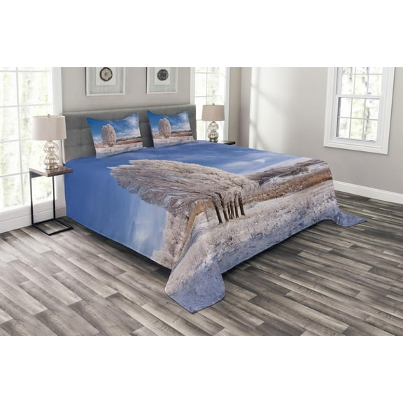 Ambesonne Nature Quilted Bedspread Set 3 Pcs, Winter Snow Landscape, King Size, Turquoise Avocado Green