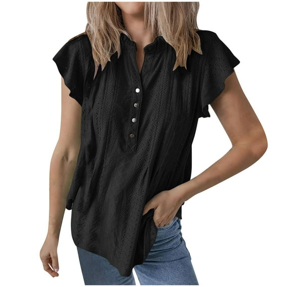 Olyvenn Womens Eyelet Tops Dressy Casual Ruffle Cap Sleeve Button V Neck Blouses Business Work Shirts Tee Summer Outfits Black S