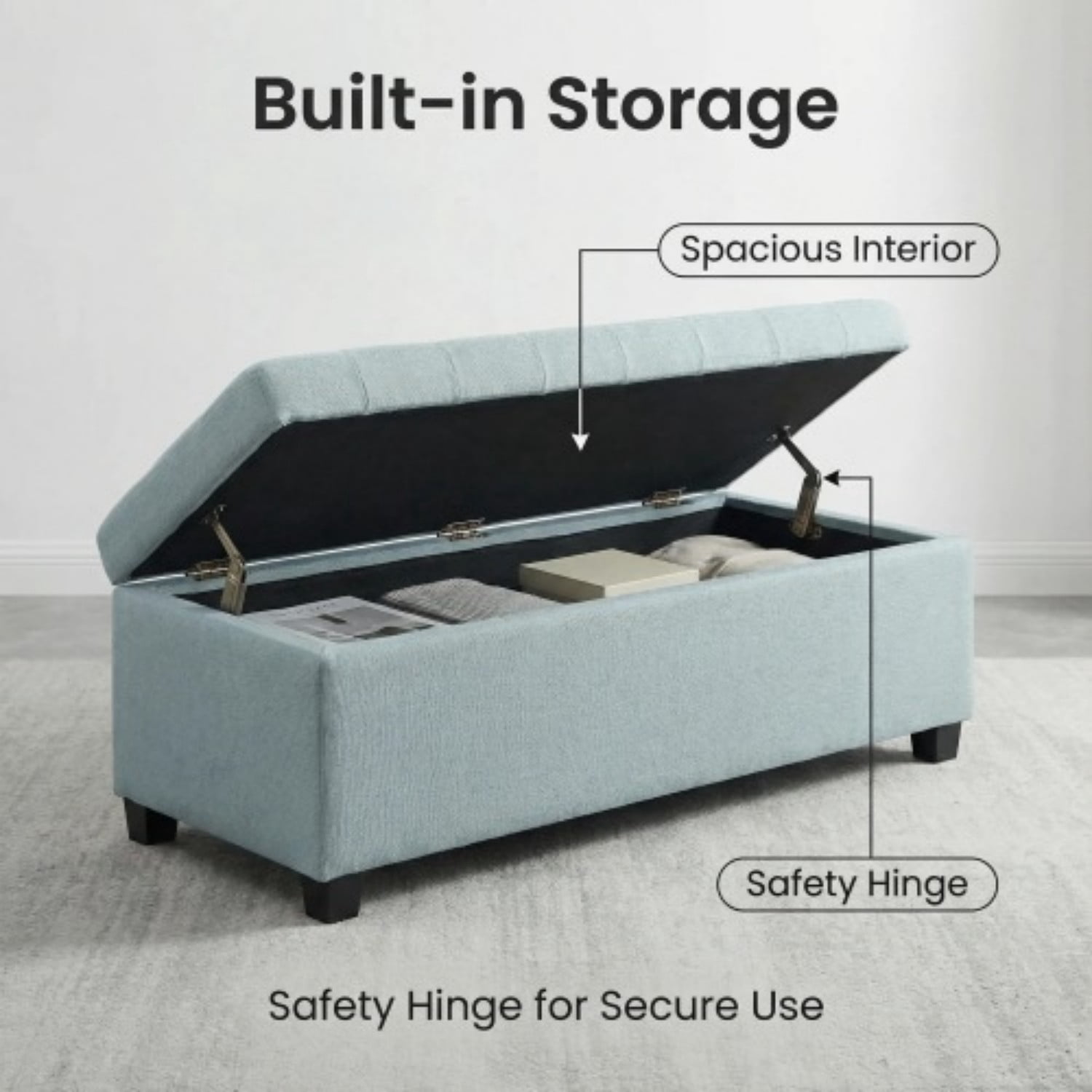 49.75" Storage Ottoman Bench, Tufted Entryway Bench with Safety Hinge, Wooden Legs Faux Leather Storage Seat for Bedroom Living Room, Baby Blue