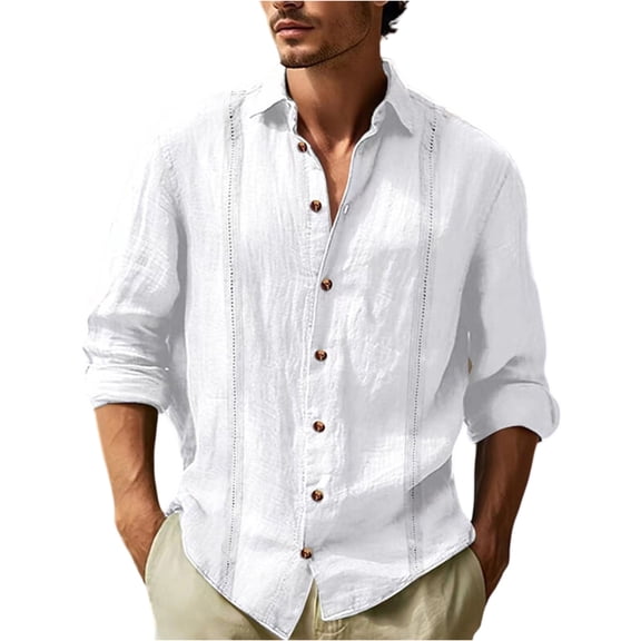 OIOLOYJM Men's Linen Shirts Long Sleeve Collared Casual Solid T Shirts Wedding Dating Button Down Blouses Summer Beach Vacation Clothes White 3XL