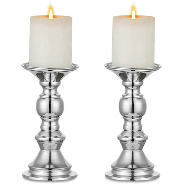 Set of 2 Candlestick Metal Pillar Candle Holders, Gold Pillar Candle