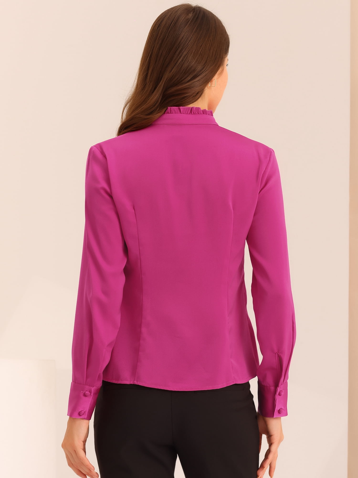 DARING DIVA Ruffled Satin Lantern Long Sleeve Blouse L Fuchsia