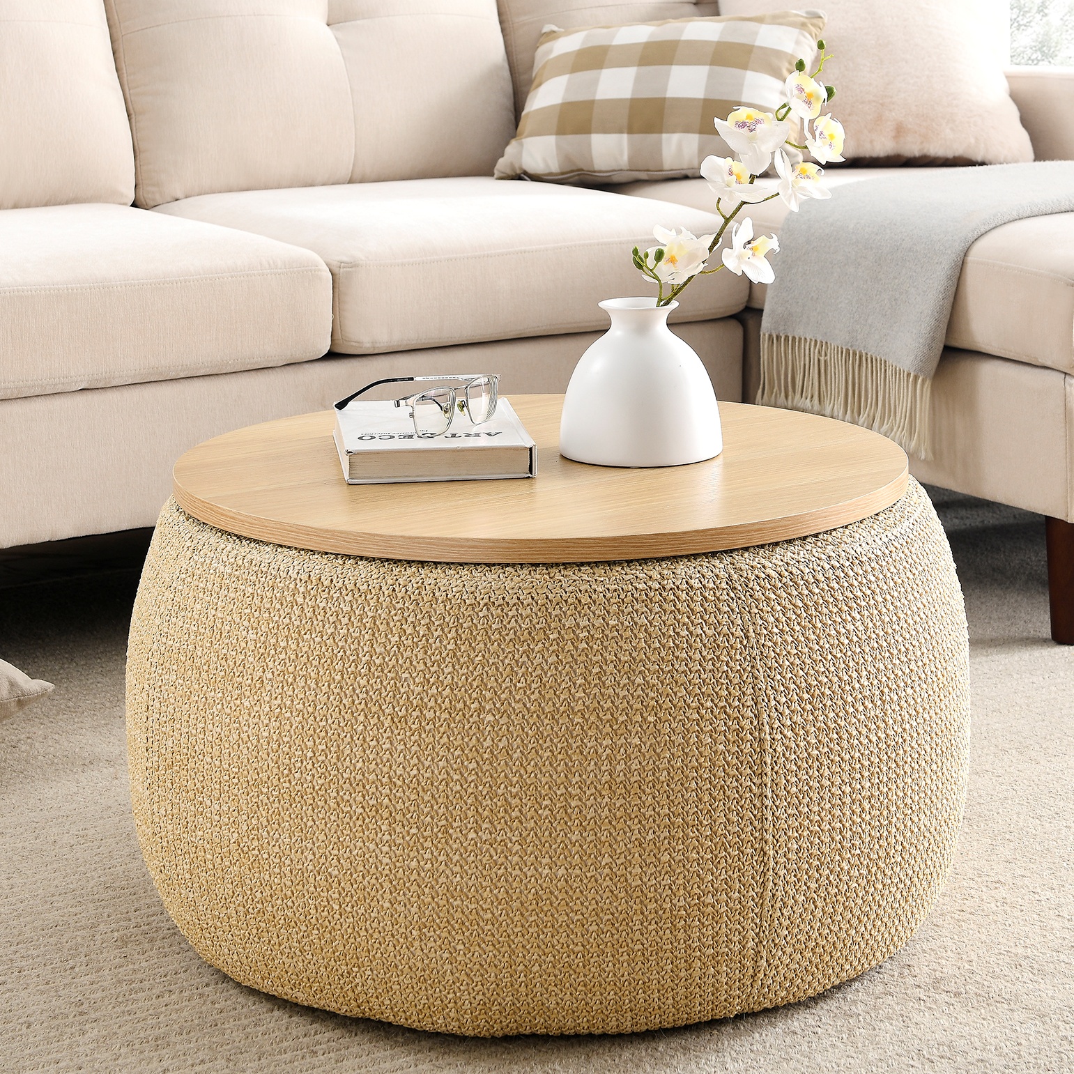 Tcbosik 25.5inch Storage Round Ottoman, End Table with Wood Lid, Footstool for Home Office Living Room, Natural