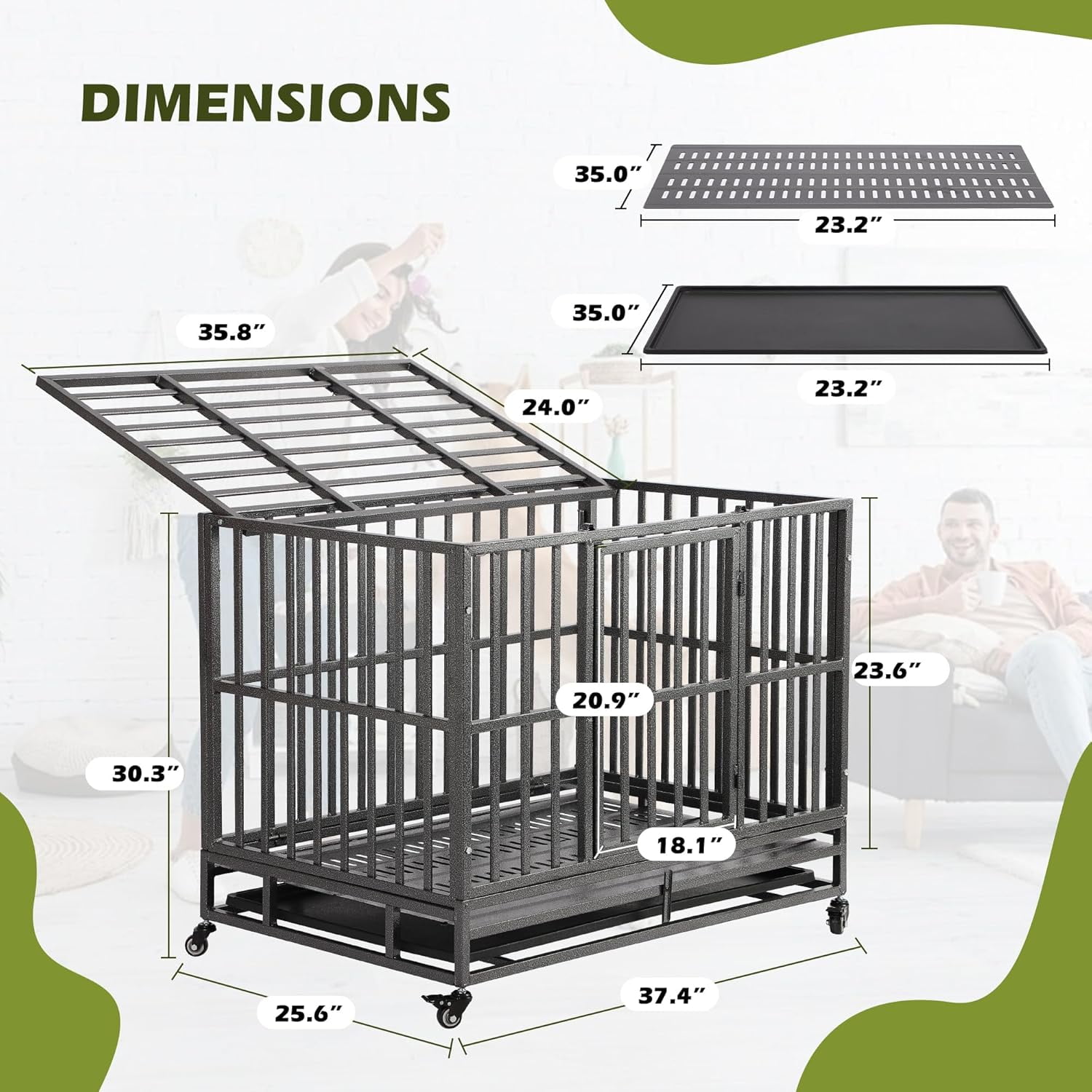 Haverchair Heavy Duty Indestructible Dog Crates for Large Dogs - 38 inch Folding Dog Kennel Extra Large Cage Crate, High Anxiety Dog Crate Indoor with Lockable Wheels, Double Door, Removable Tray