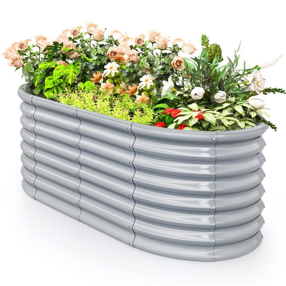 Spaco 5 x 3 x 2 Feet Metal Oval Raised Garden Bed with Open Bottom Design, Planters for Outdoor Plants, Raised Beds for Gardening-Gray