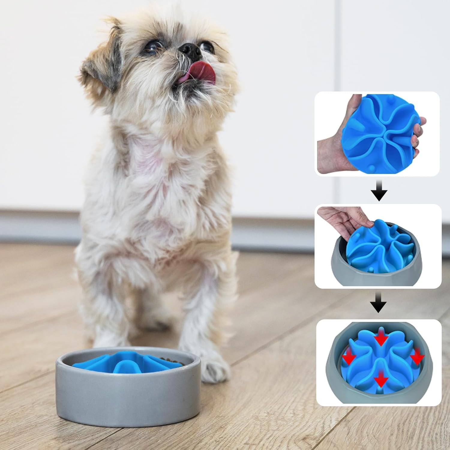 Slow Feeder Dog Bowls Insert, Silicone Slow Feeder Bowl with Strong Suction Cups Perfect for Stainless Steel Glass Ceramic Dog Bowls (Blue, Large Size)
