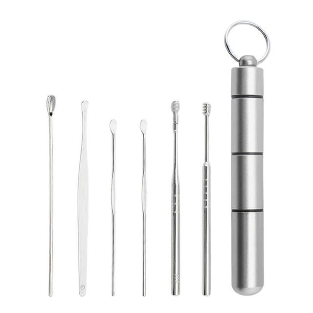 Kit de 6 herramientas de limpieza de oídos de acero inoxidable con cuchara para limpieza de oídos Plata