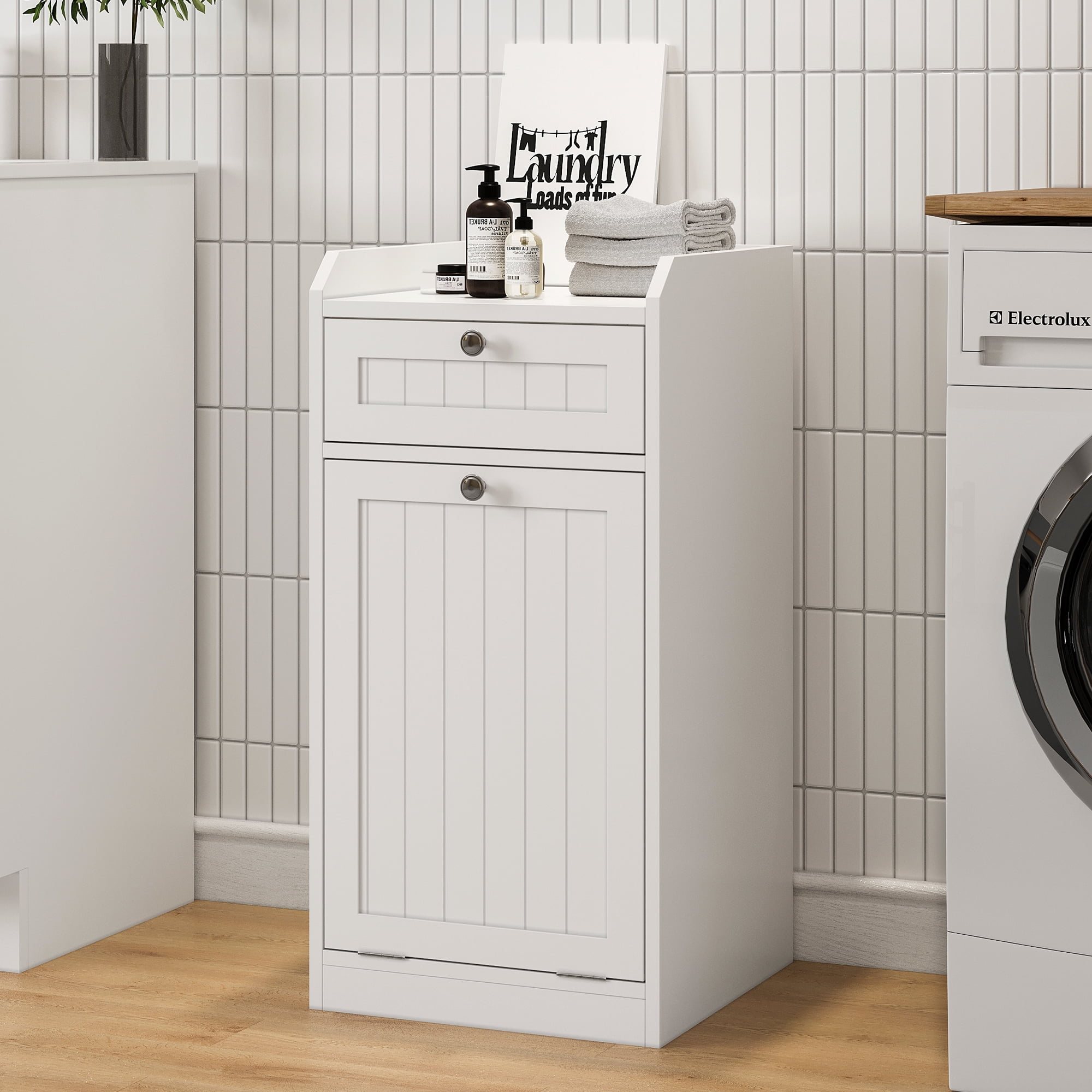 Bathroom Laundry Cabinet Tilted Cabinet with Drawer Storage Cabinet For Kitchen Trash Can Cabinet,White