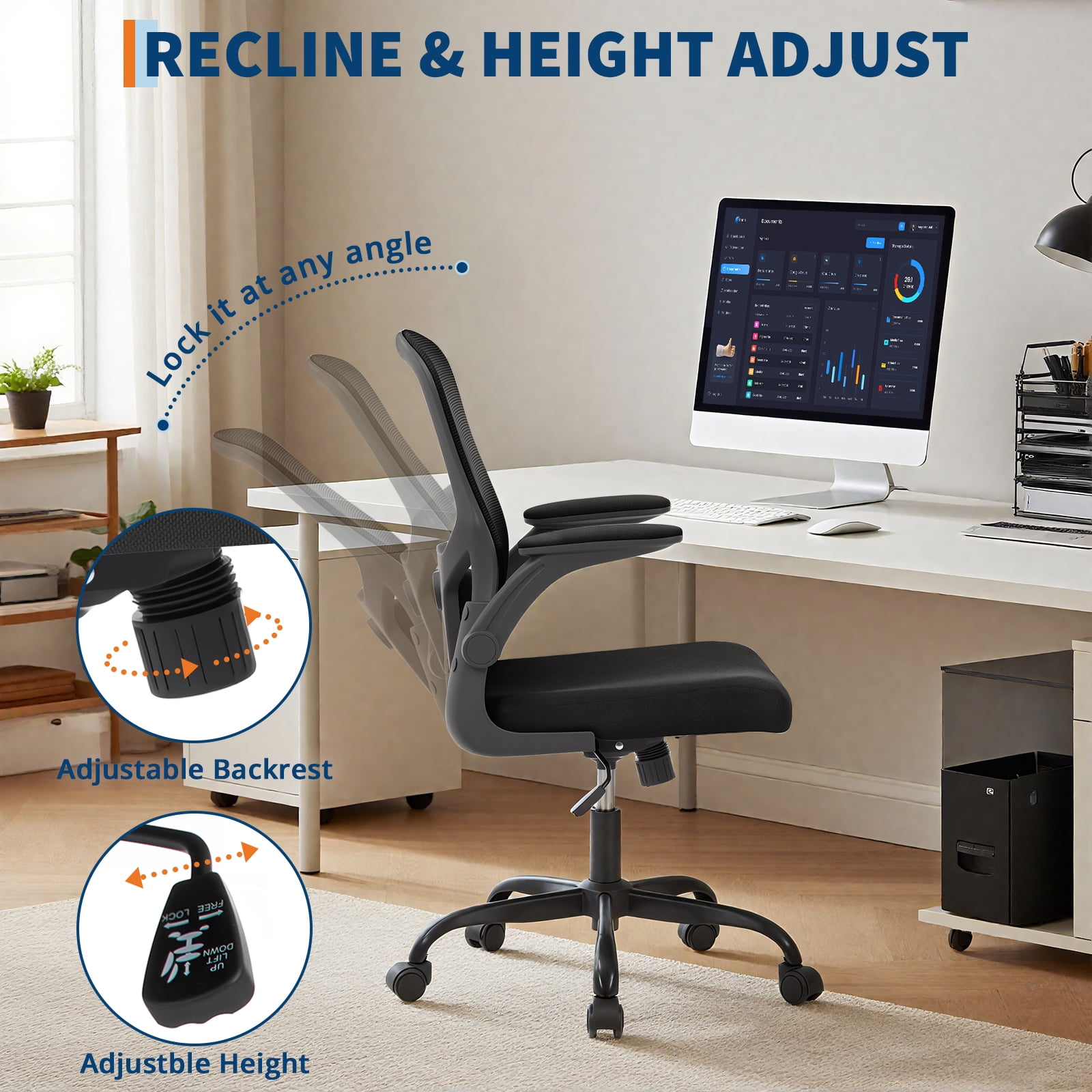 Ergonomic Mesh Office Chair – Adjustable Lumbar Support, Turn over-Up Arms, High Back Swivel Desk Chair, Comfortable Rolling Executive Task Chair for Home Office or Study – Black Frame Black Net