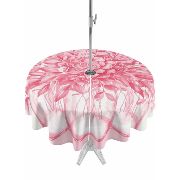 Outdoor Tablecloth with Umbrella Hole and Zipper, Eucalyptus Pink Round Table Cloth 54 Inch Waterproof Tablecloth, Vintage Bottle Succulents Flower Stripes Picnic Table Cover for Patio Camping