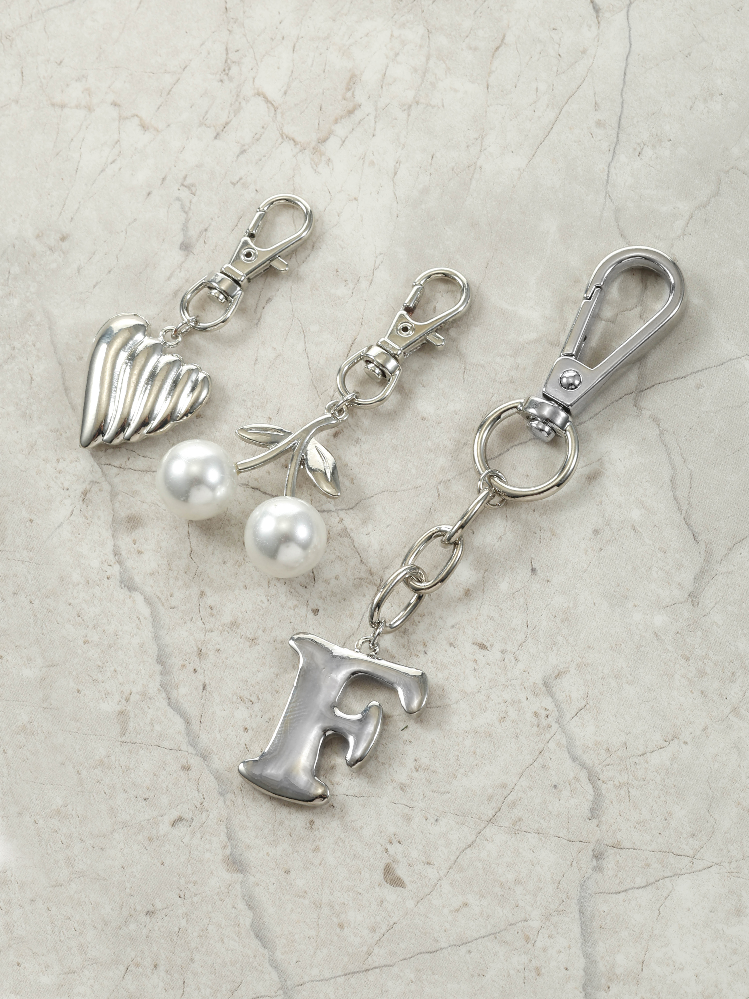 Time and Tru Silvertone Initial Letter Bag Charm Set, 3 Pieces, Letter F