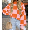 thumbnail image 5 of Women's Fall Fashion Roll-Neck Long Sleeve Plaid Ribbed Knit Loose Pullover Sweater Tops Orange Checkered S, 5 of 9