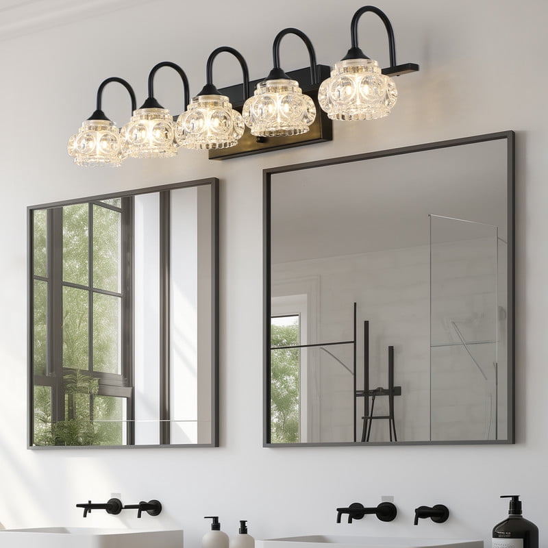 29" Retro 5-Light Bathroom Vanity Light – Black Bathroom Light Fixture with Crystal Glass Shades, Wall Mounted Vanity Lights for Bathroom, Powder Room, Mirror, Hallway (Bulbs Not Included)