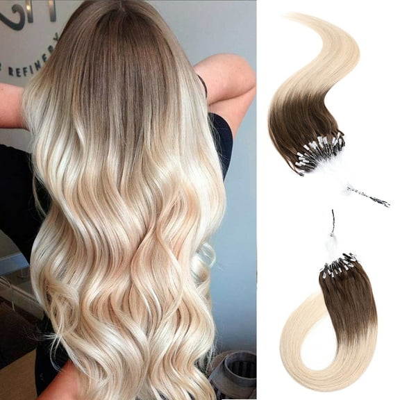 MY-LADY 100% Human Hair Extensions Remy Real Natural Hair Hairpiece Mirco Ring Tubes Hair Thick Micro Loop Extensions Hair for Women 16inch #4T60 Medium Brown to Platinum Blonde