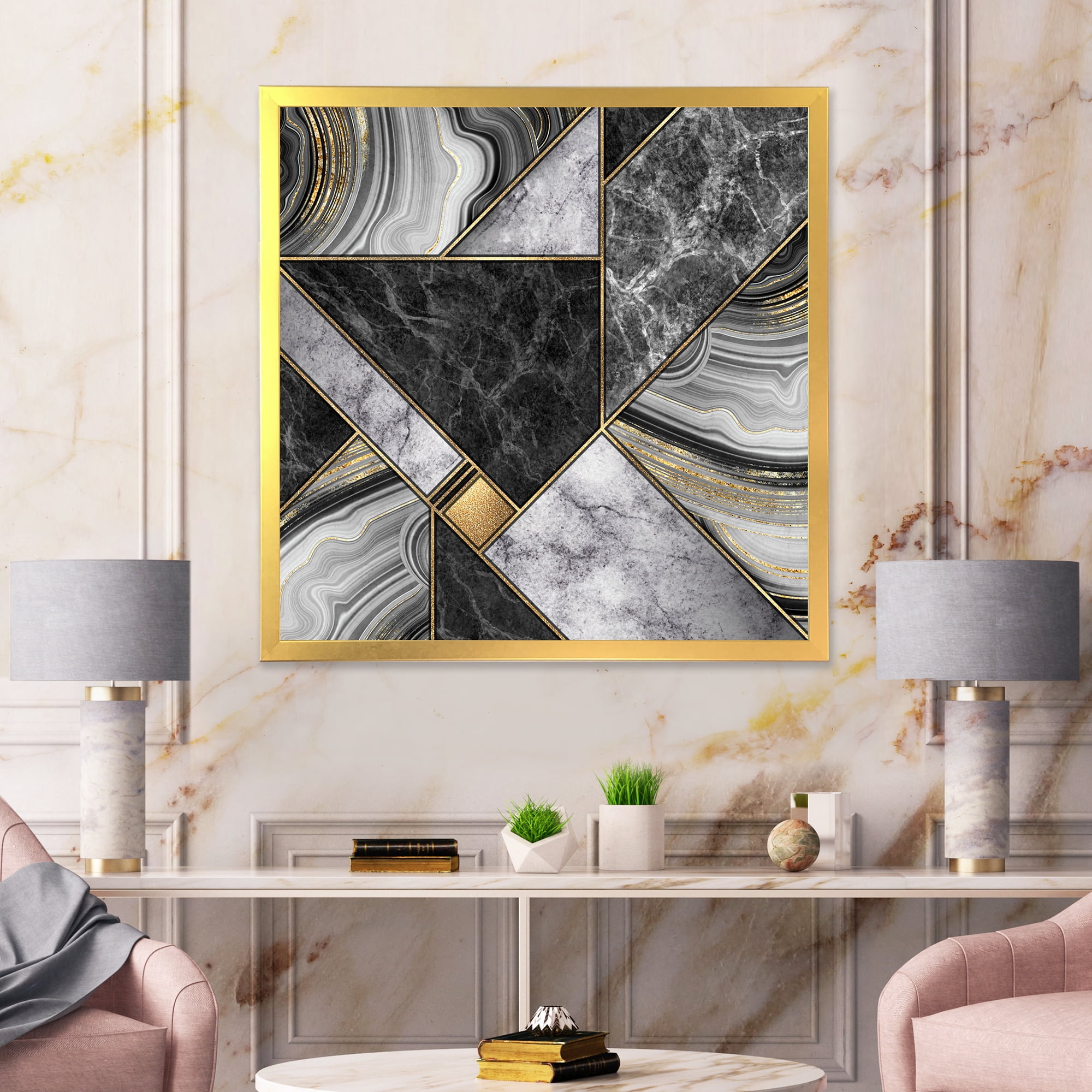 Designart 'Touches Of Gold With Marble Granite Agate' Modern Framed Art Print