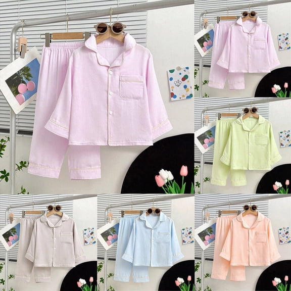 Toddler Boys and Girls Button Pajama Set Kids Casual Solid Color Homewear for Fall Winter 6 12 24 Months 1T 2T 3T 4T 5T 6T Children Sky Blue,3-4 Years