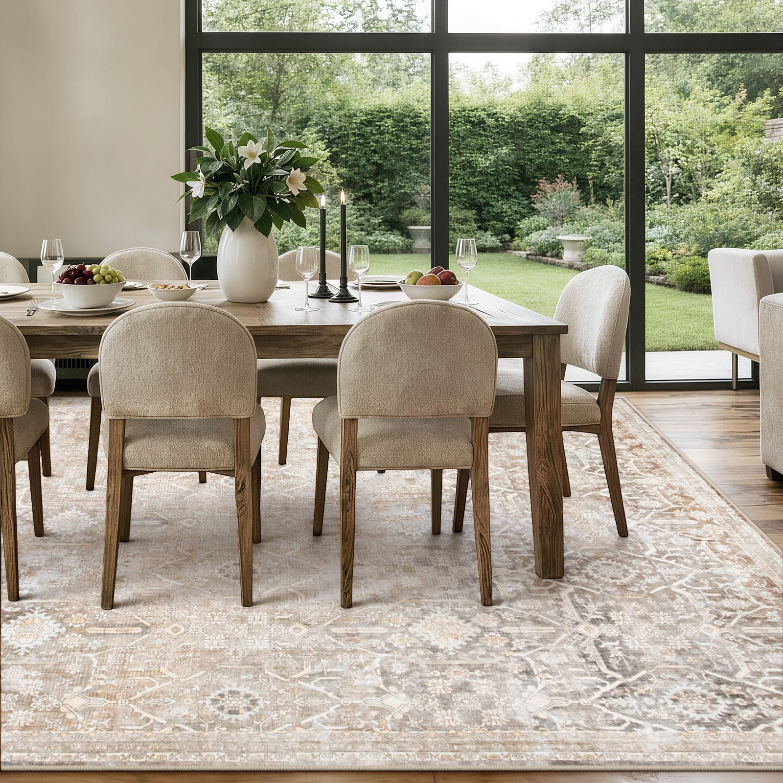 Lahome 8'x10'Washable Area Rug , Neutral Boho Rugs for Living Room Rugs,Non Slip Farmhouse Modern Bedroom Carpet Stain Resistant Aesthetic Print Accent Floor Rug for Dining Guest Office - Beige