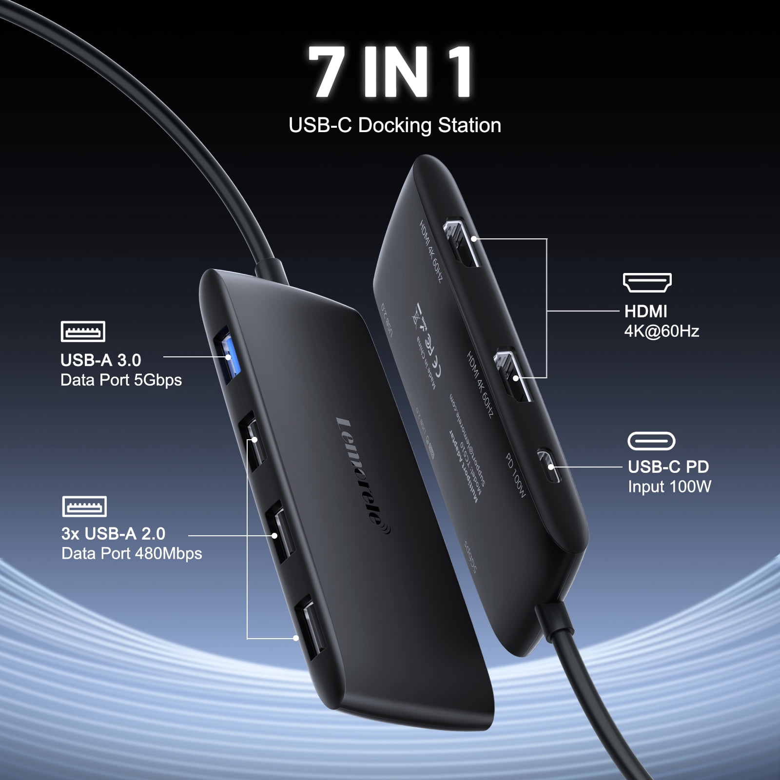 Lemorele 4K 60Hz 7 in 1 Docking Station, USB-C Hub with Dual HDMI  ,5Gbps USB A 3.0/2.0 Data Ports,100W PD USB C Adapter for PC/Laptop/MacBook/Lenovo/HP/Surface