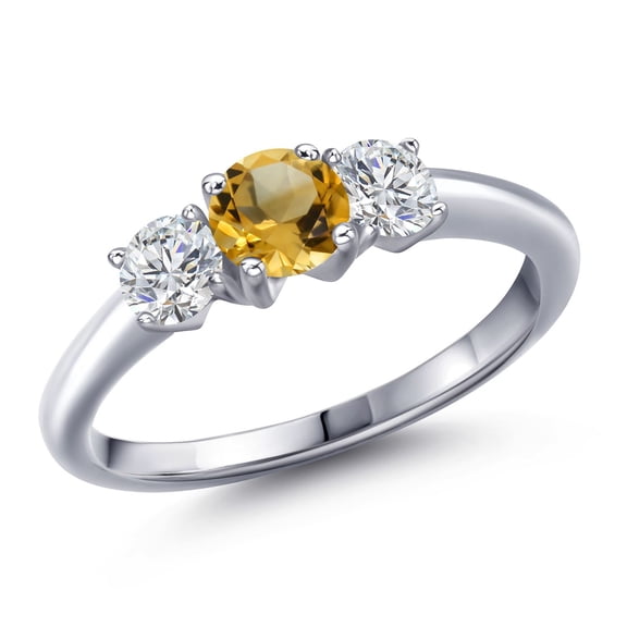 Gem Stone King 925 Sterling Silver Yellow Citrine and Lab Grown Diamond Engagement Ring for Women | 0.99 Cttw | Round 5MM | Gemstone November Birthstone | Size 8
