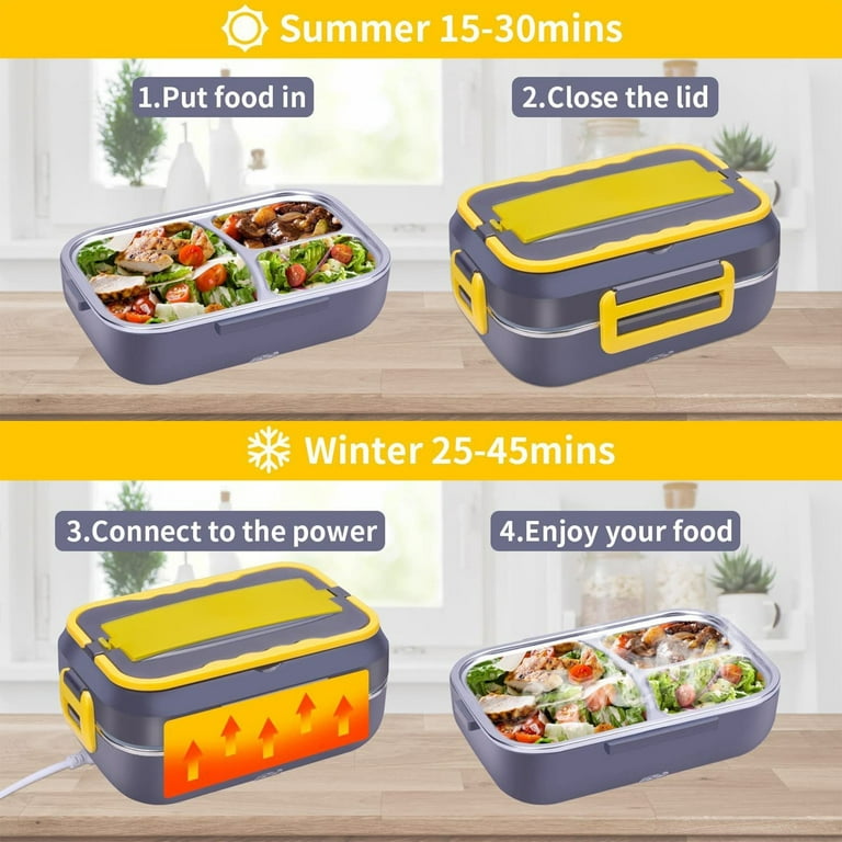  Electric Lunch Box Food Heater 60W, Portable Food Warmer Self Heating  Lunch Box, 12V 24V 110V Heated Lunch Box for Adults Car/Truck/Work, 1.5L  Removable 304 SS Container, Fork Spoon Carry Bag