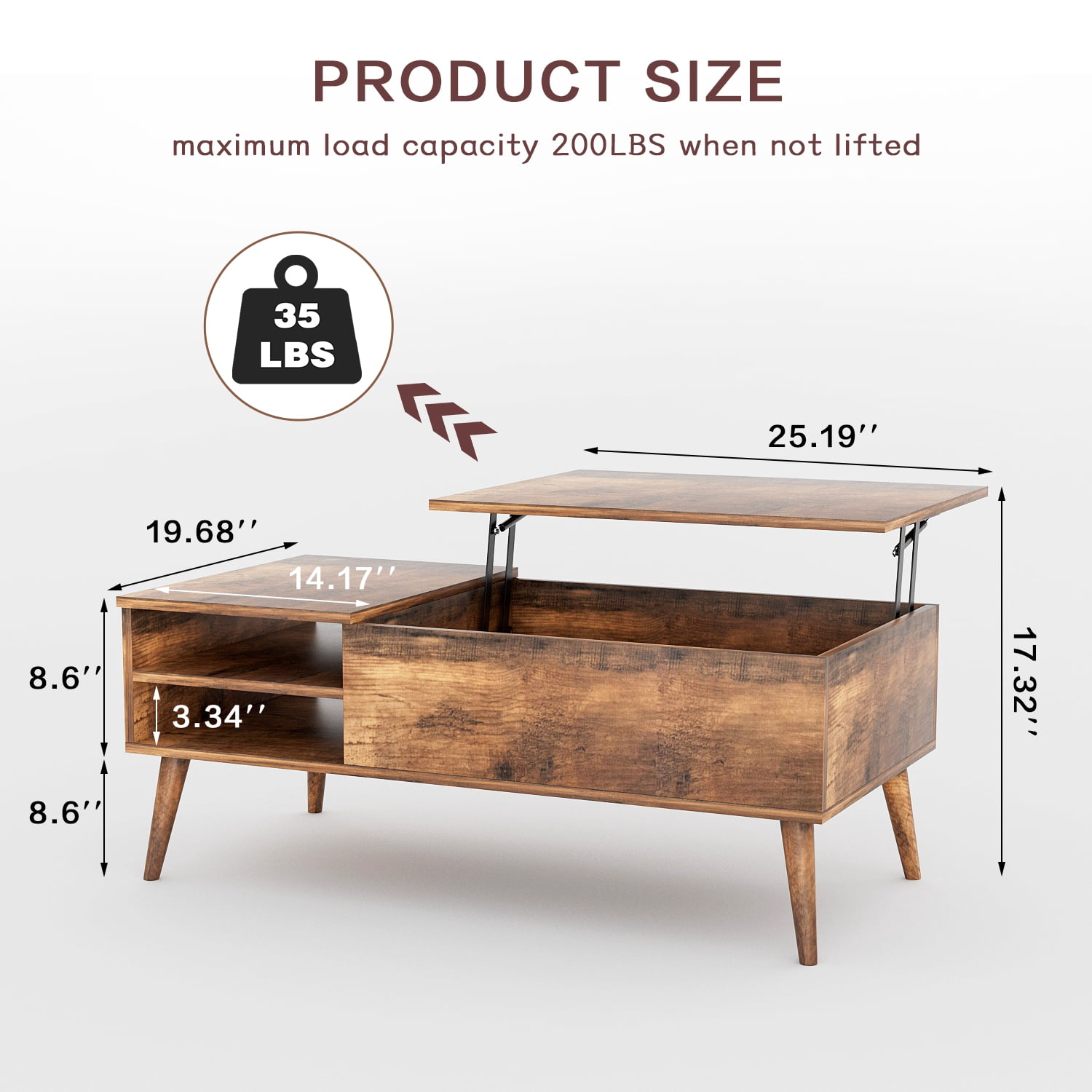 Vineego Classic Lift Top Rectangular Wood Coffee Table, Rustic Oak