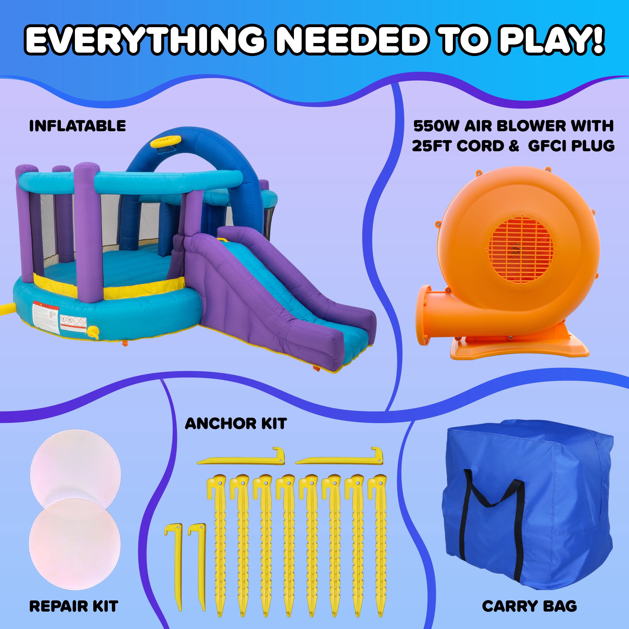 Sportspower Inflatable Bounce House with Slide, Whack-A-Play & Basketball Hoop, Kids Bouncer with 550W GFCI Blower, Outdoor Backyard Play, Ages 3–8