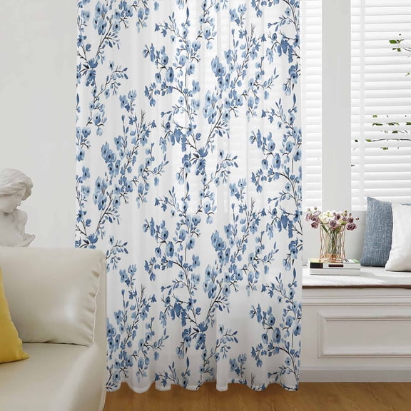 Navy Blue Spring Floral Semi Sheer Curtains Drapes for Living Room, Bedroom, French Doors Window 96 Inches Long, Elegant Pastoral Flowers Rod Pocket Chiffon Curtain Drapery Voile Draperies Panel