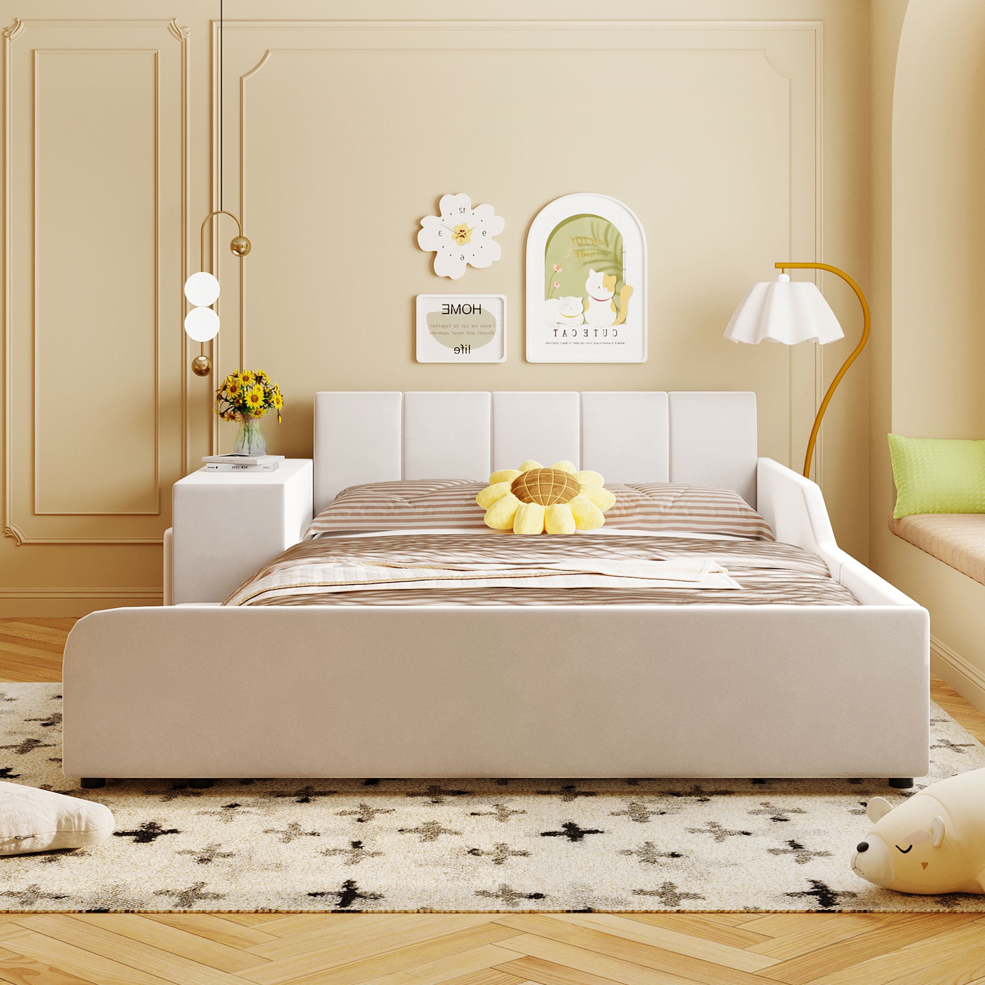 Aukfa Full Size Mother & Child Bed Frame, Velvet Upholstered Platform Bed with Bedside Desk & Stool, Grounded Design, Beige