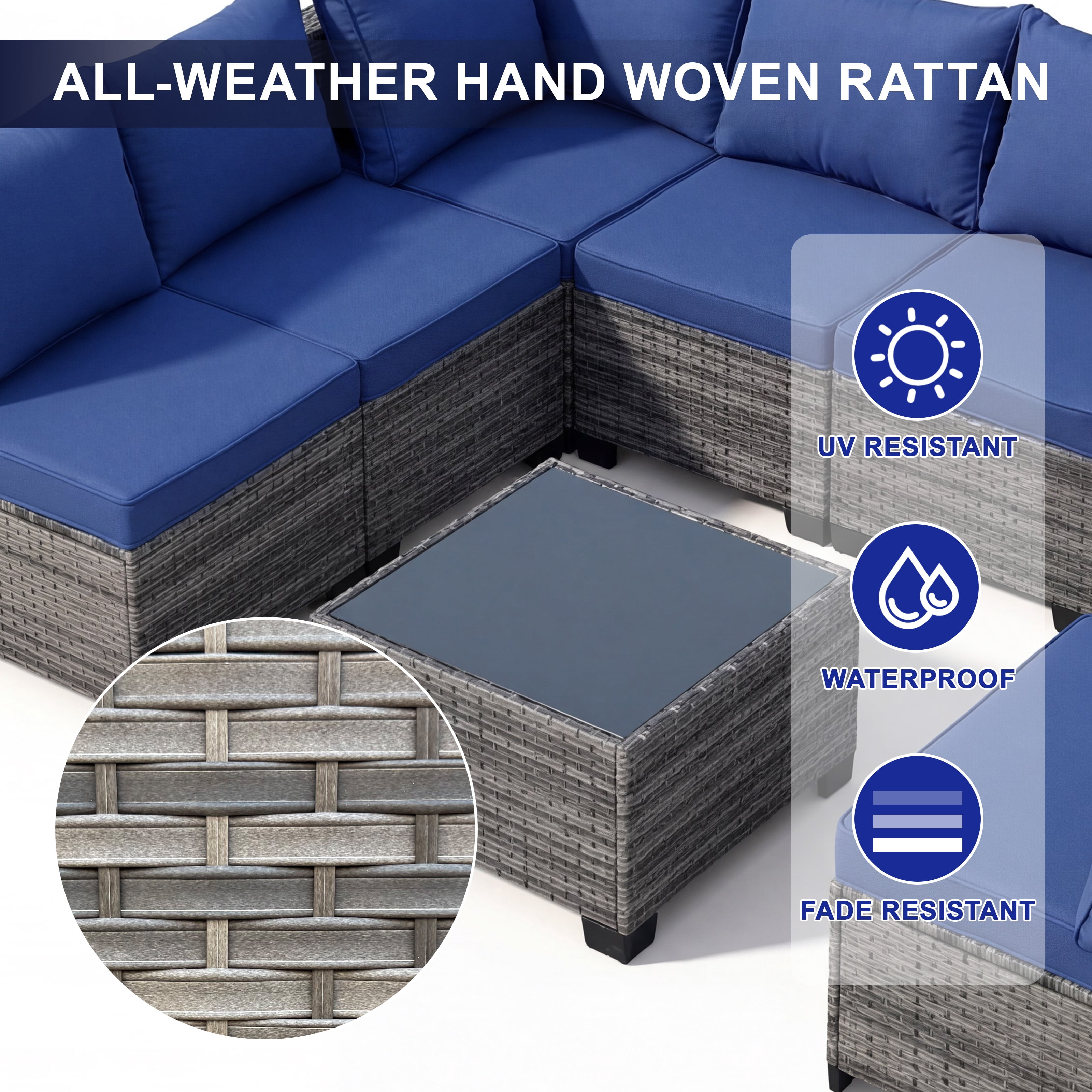 MOLIBYME 7 Pcs Outdoor Patio Furniture Set, Modular Outdoor Sectional Wicker Conversation Set, Rattan Sofa Set with Glass Table and Washable Cushion Covers, Blue Cushion