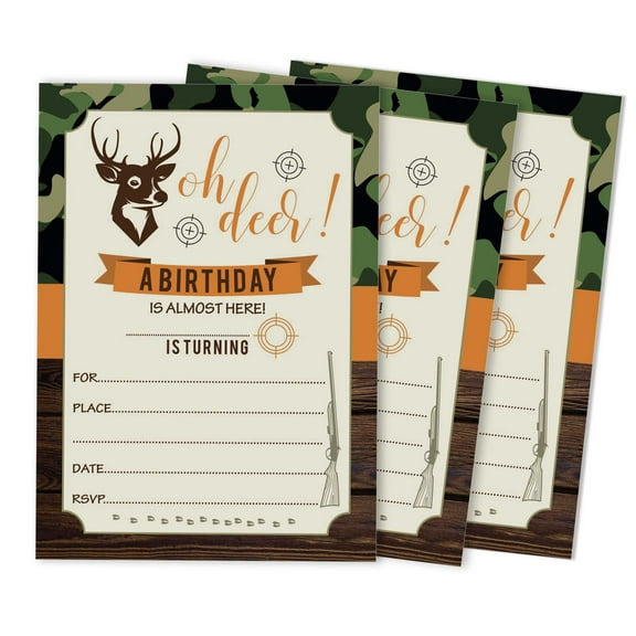 Inkdotpot Pack Of 30 Deer Hunting Kids Birthday Invites, Boy Camo Camping Themed Sleepover, Camouflage Bday Theme Fill In the Blank Cards