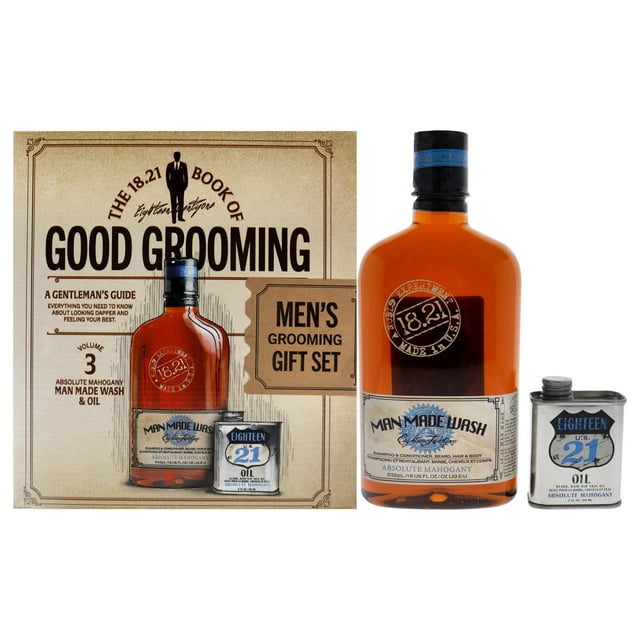 Book of Good Grooming Volume 3 Set - Absolute Mahogany de 18.21 Man Made for Men - Champú, acondicionador y gel de baño 3 en 1 Man Made Wash de 18 oz, aceite de 2 oz 18.21 Man Made Champú, acondicionador y gel de baño 3 en 1 Man Made Wash de 18 oz, aceite de 2 oz 2 Pc