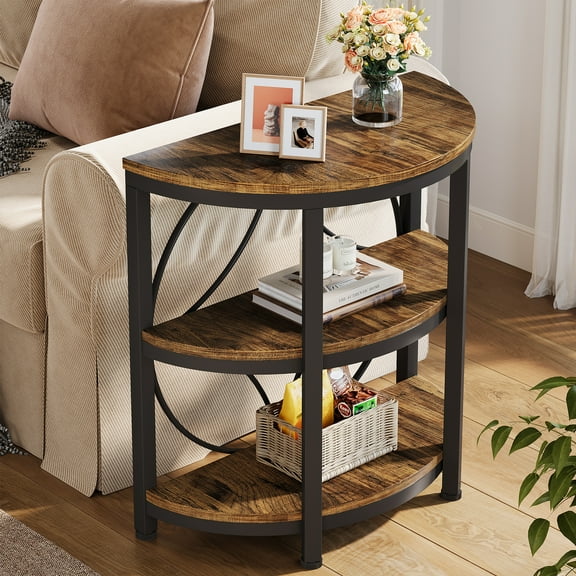 Fnova Farmhouse Half-Moon End Table, 3-Tier Storage Wood Side Table with Metal Frame, Modern Bedside Table, Narrow Sofa Table for Living Room Bedroom, Easy Assembly, Vintage Brown