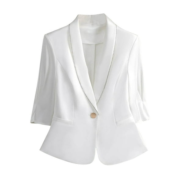 Womens Fitted Blazer Suit Jackets with Pockets 3/4 Sleeve Notch Laple Collar One Button Business Casual Outfits (XL, White-B)