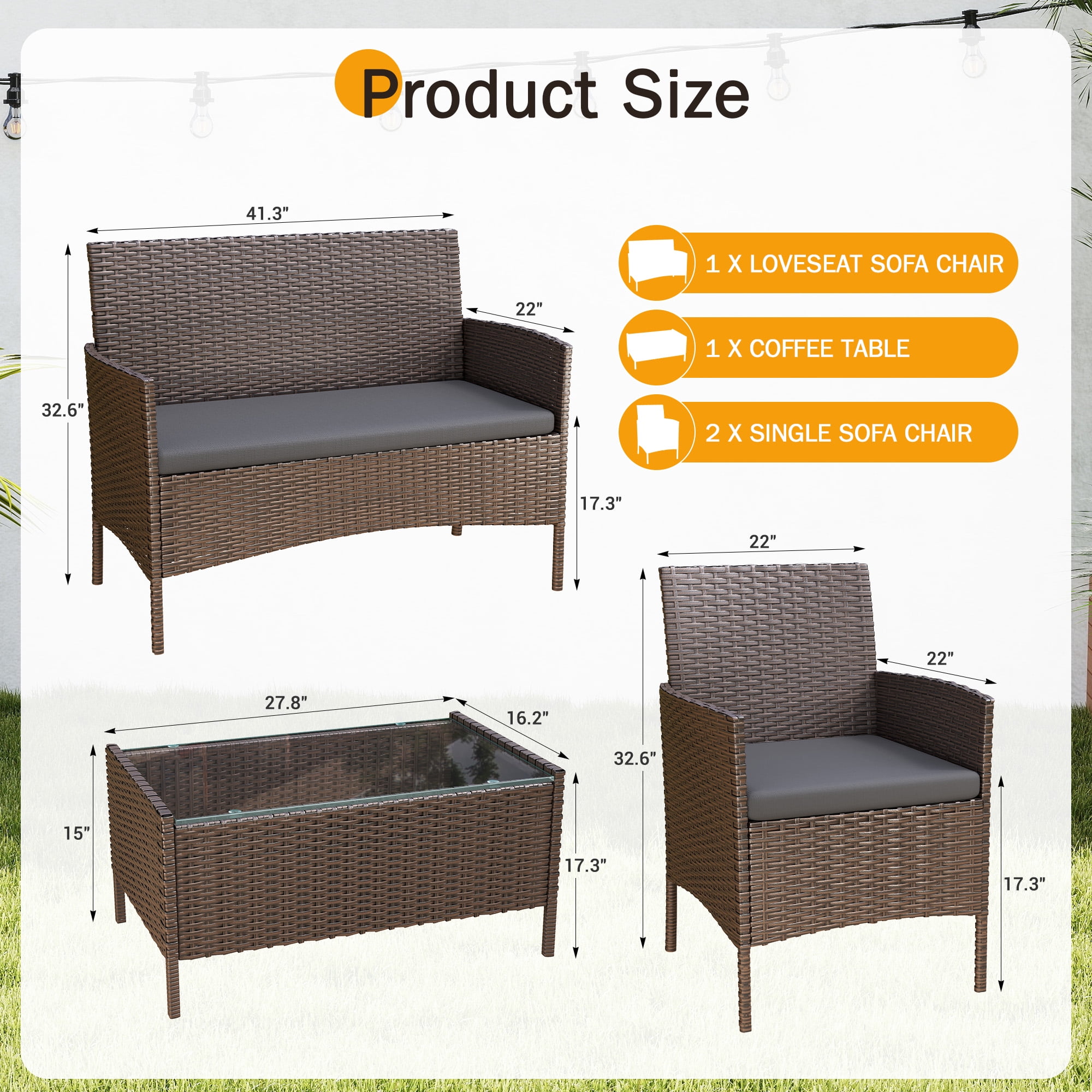 MRUAKA Patio Furniture Set 4 Pieces Porch Furniture Outdoor Modular Wicker Patio Sectional Conversation Furniture Set for Backyard,Porch,Garden,Poolside and Balcony(Grey)