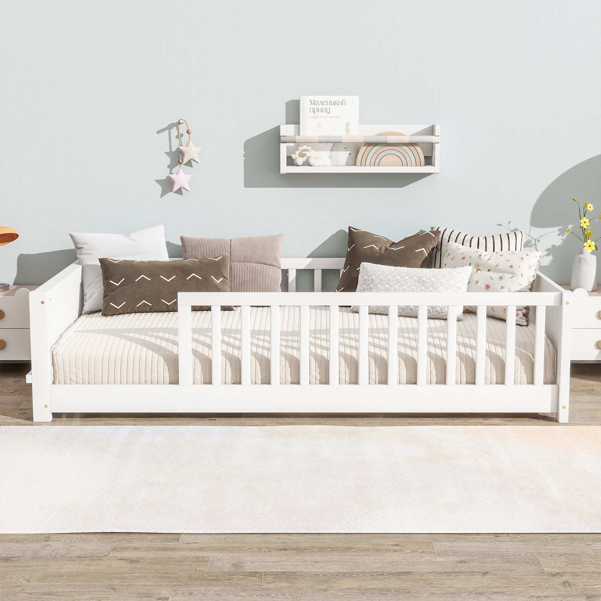 Alvantor Montessori Floor Bed Twin Size for Kids, Toddler Wooden Platform Bed White