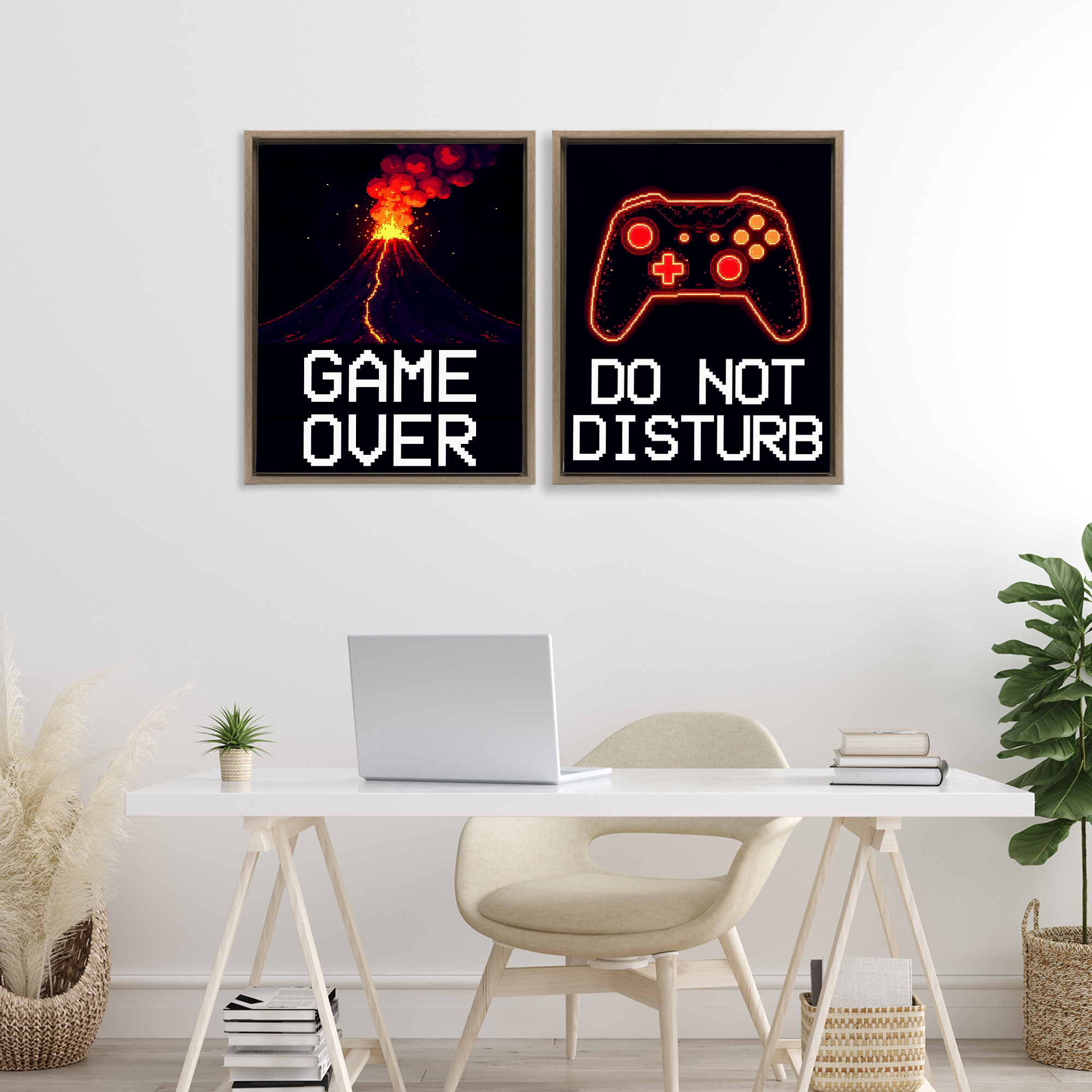Pixel Game Sentiments 2 Piece Brown Framed Floater Canvas Set, design by Kim Allen