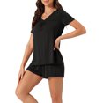 thumbnail image 4 of INSPIRE CHIC Women's Lounge Outfits Casual V Neck Shorts Sleeves Tops with Shorts Pajama Sets M Black, 4 of 6