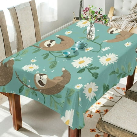 

WOBOGO Pattern with Daisies and Sloths Hanging on Vines Square Tablecloth 54×72in Polyester Fabric Tablecloth Washable Dust Resistant Wrinkle Resistant