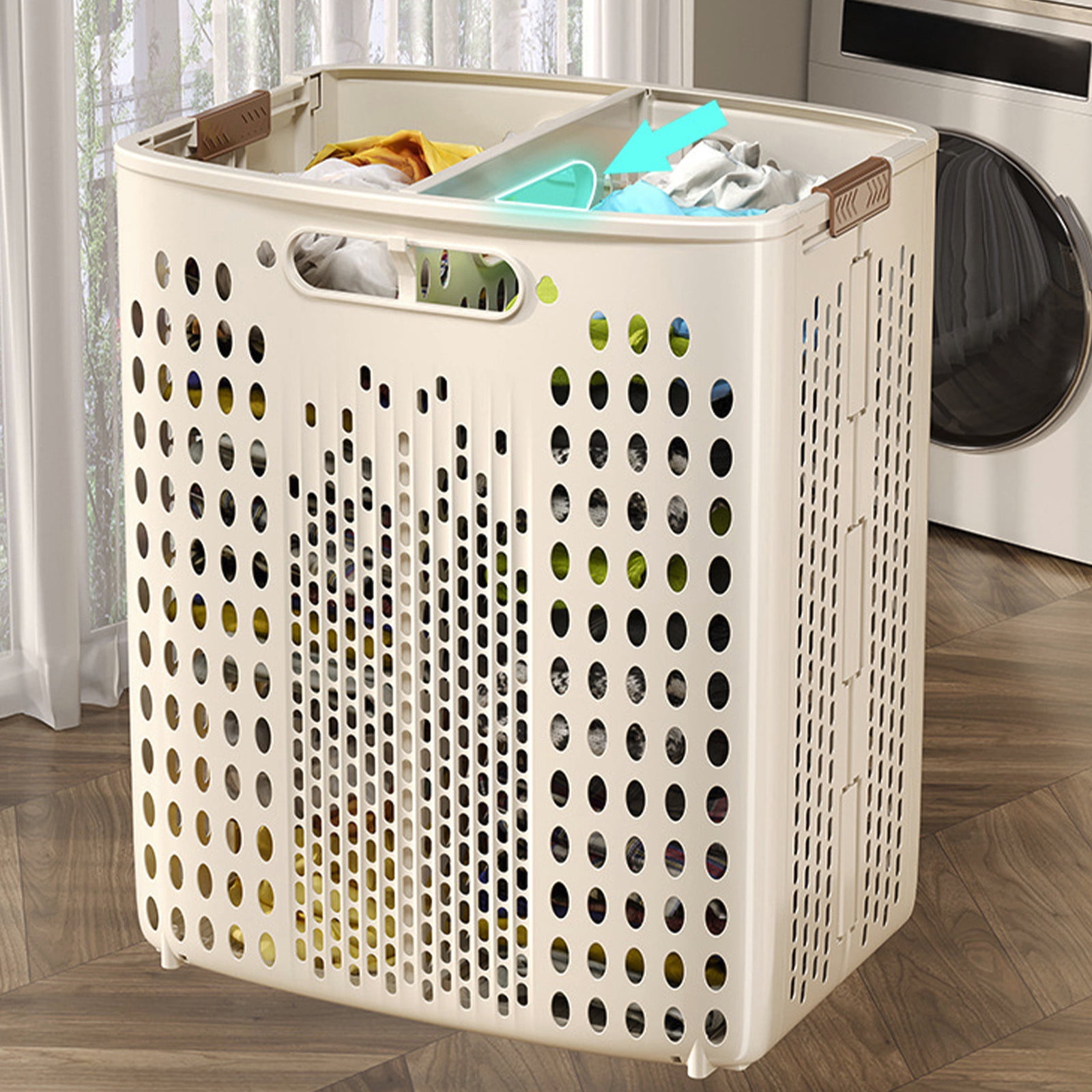 Foldable Laundry Basket with Wheels - Portable Plastic Dirty Clothes Hamper, White/Gray, 17.05 x 13.39 x 10.24 in, Multi-functional Storage for Laundry, Toys with Handles