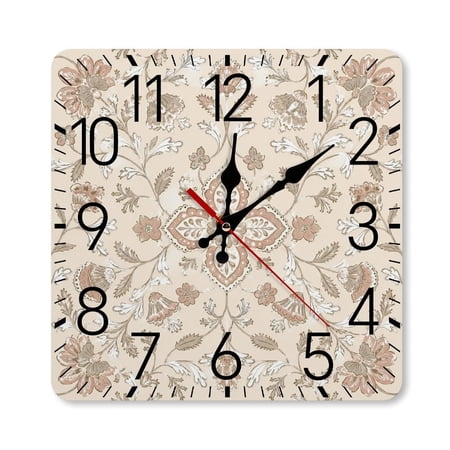 RKSupls 10×10inch Square Silent Wall Clock Wooden Frame, Ornate Damask Floral Beige Pattern Scale Decorative Clock for Home Bedroom Living Room Office