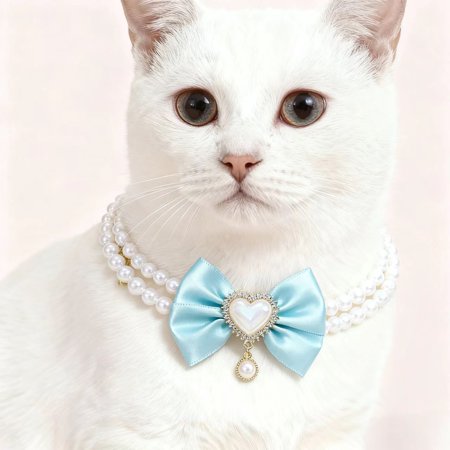 Qiopertar Princess Pearl Bow Pet Collar Adjustable Dog Cat Choker Necklace Elegant Pet Bow Tie Accessory for Small Medium Dogs Cats Photoshoot Party Blue