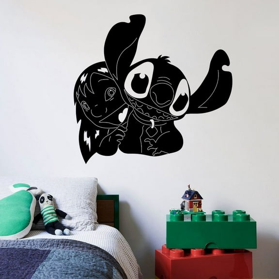 Cute Lilo And Stitch Disney Movie Silhouette Disney Lilo and Stitch Cute Happy Playful Silhouette Disney Wall Sticker Vinyl Decal Home Decor Room Living Room Bedroom Decoration Size (10x10 inch)
