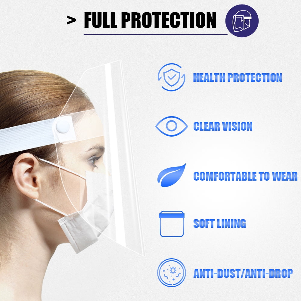 Amerteer 10 Pack Face Shields - Ultra Clear Protective Full Face Shields to Protect Eyes, Nose and Mouth - Anti-Fog PET Plastic, Elastic Headband - Sanitary Droplet Splash Guard Cover