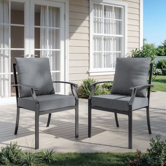ALAULM Outdoor Stackabl Dining Chairs Set of 2 with Arms for All Weather, Heavy Duty Dark Brown Powder-Coated Metal Patio Chairs W/Grey cushion 450LBS, for Backyard Garden Lawn