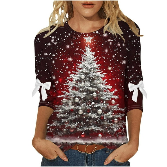 Christmas Shirt Women Bow Blouse Led Light Print Casual 3/4 Sleeve Tops Holiday Pullover Sparkle Party Winter Tee