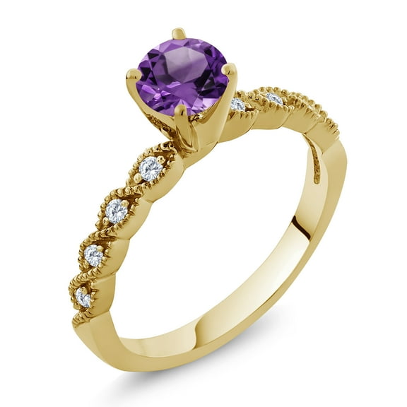 Gem Stone King 18K Yellow Gold Plated Silver Ring Round Purple Amethyst and Moissanite (1.12 Cttw, Size 8)